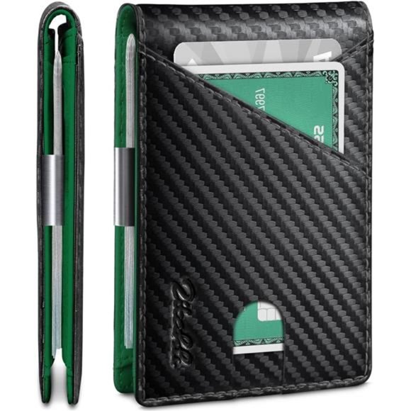 RFID Blocking Bifold Minimalist Wallets with Gift Box Carbon Black and Green